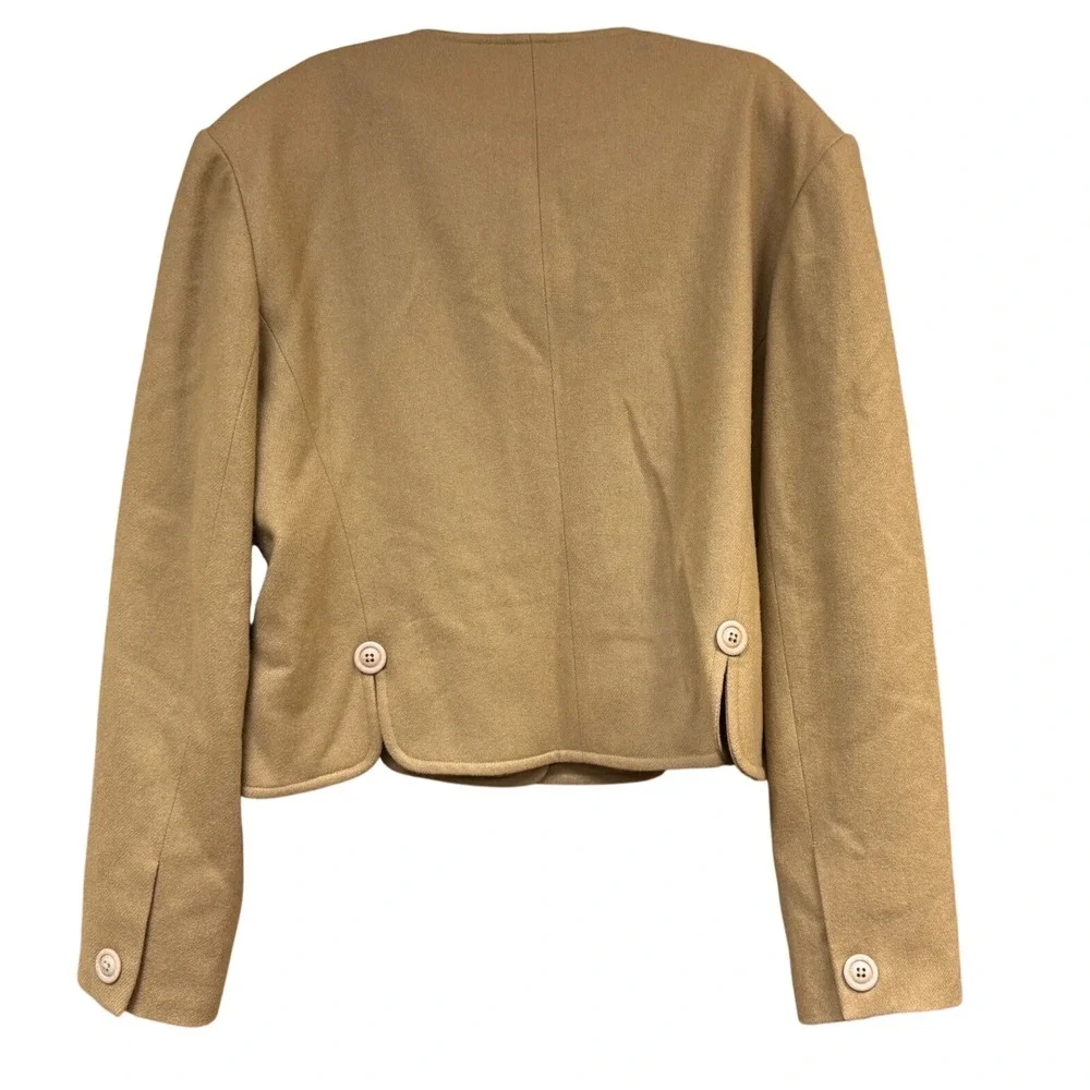 Orvis Women100% Wool Camel Tan Collarless Cropped Blazer Jacket Size 14 USA Made